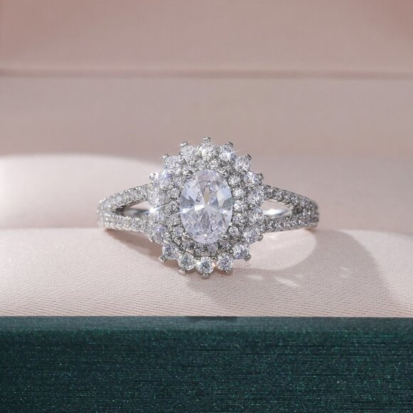 🌸Double Layer CZ Lovely Silver Dainty Luxury Flower Ring for Gift, K896 - Picture 6 of 7